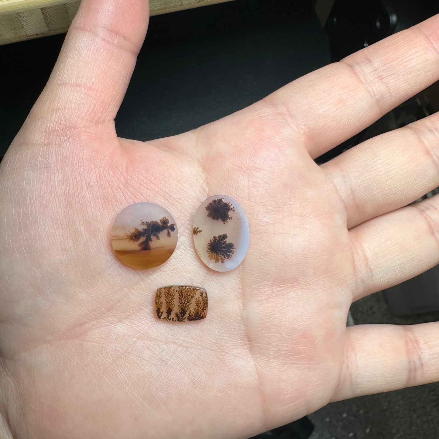Dendritic agate stones on the palm of a hand