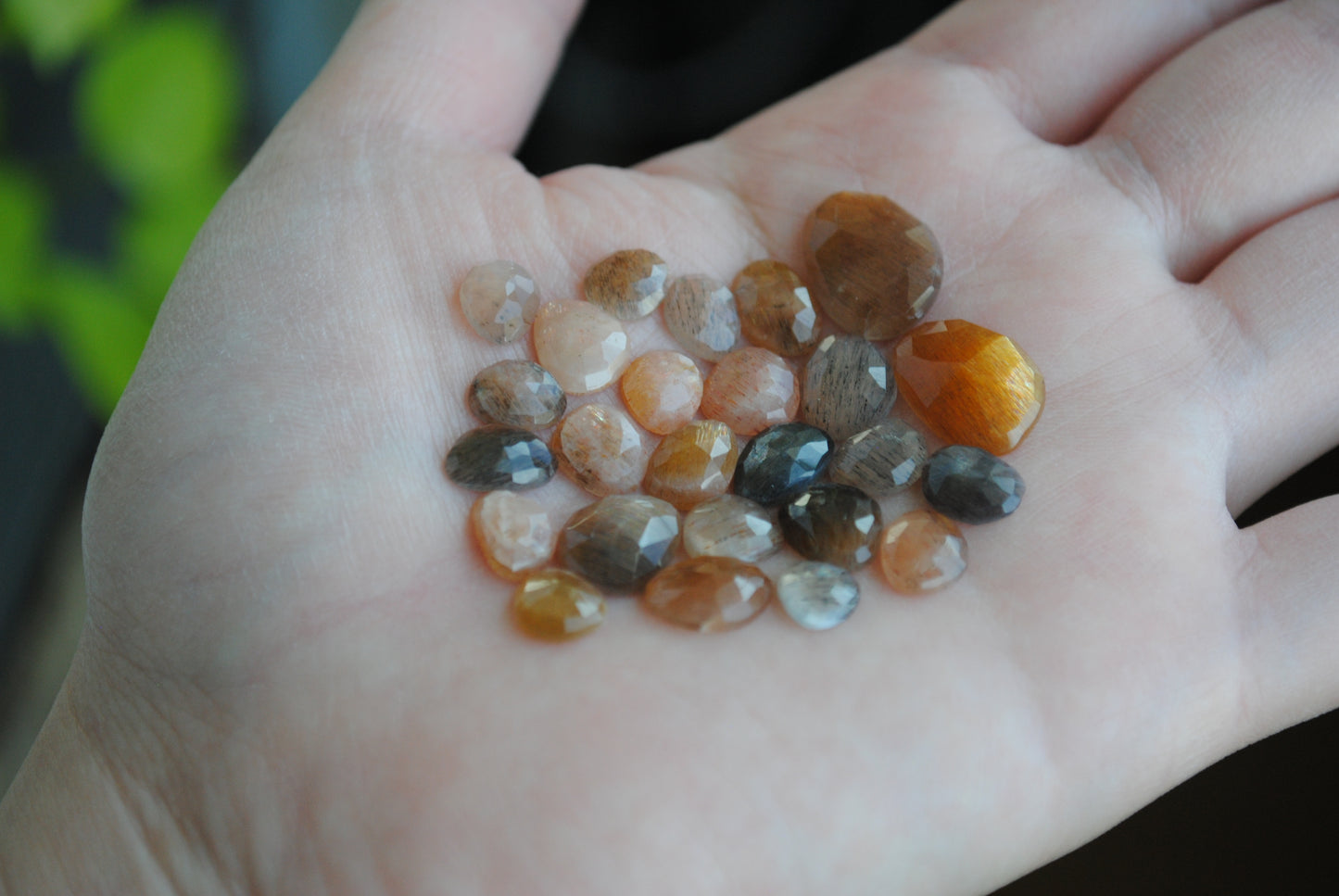 Golden sheen moonstone rose cut cabochons on palm of hand