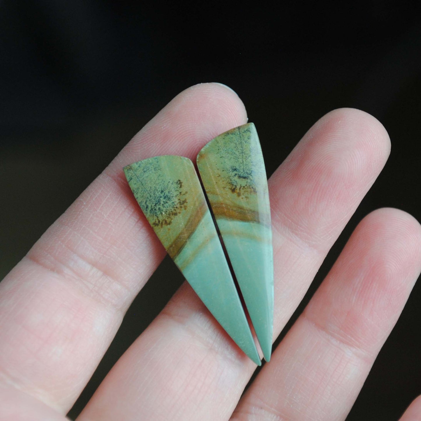 Jasper matched pair cabochons on fingers