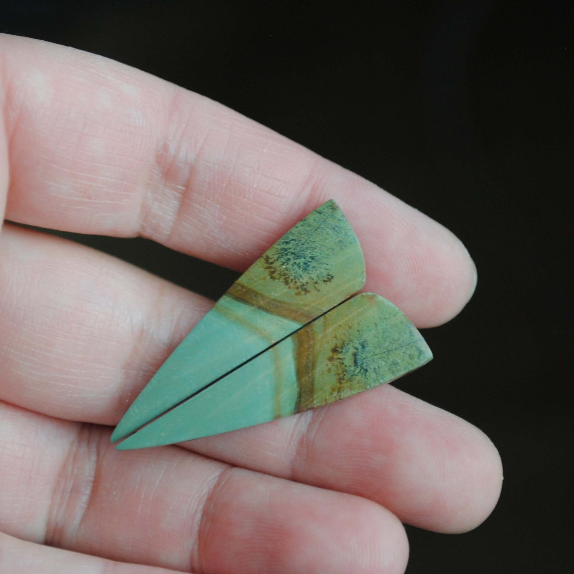 Jasper matched pair cabochons on fingers