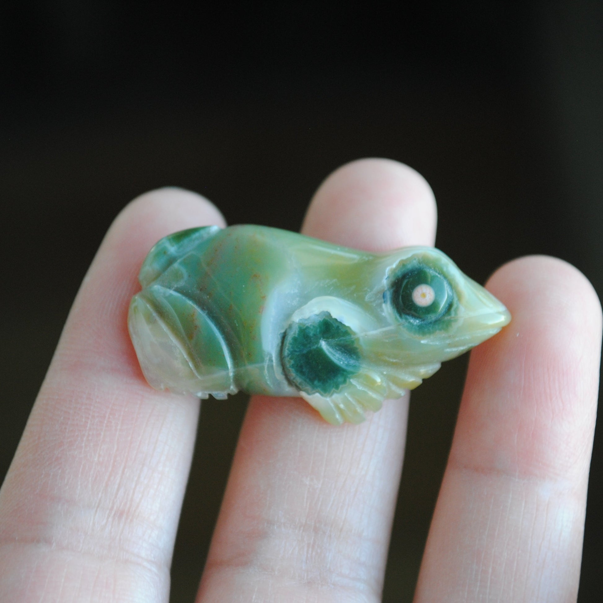 Carved stone frog held in a hand against a dark background