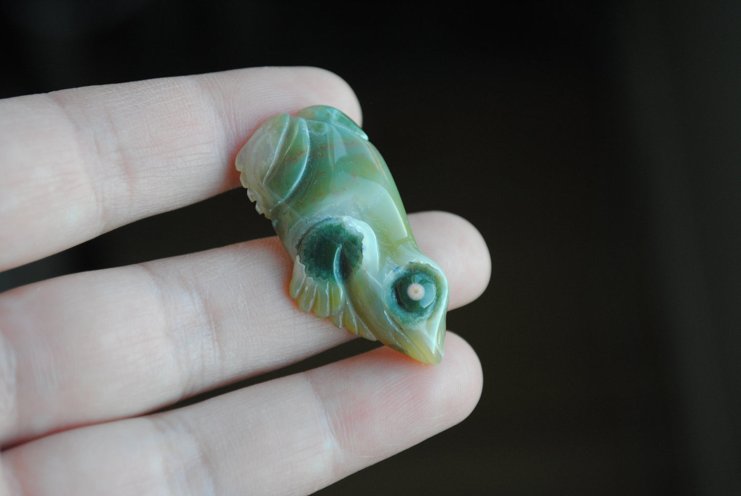 Carved stone frog held in a hand against a dark background