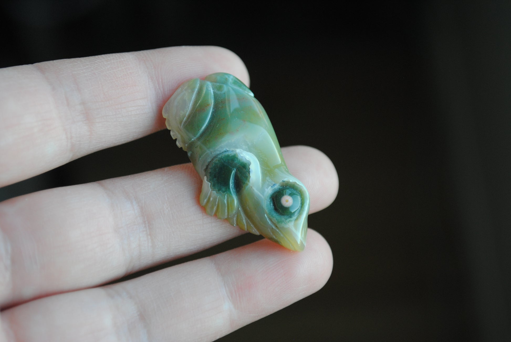 Carved stone frog held in a hand against a dark background