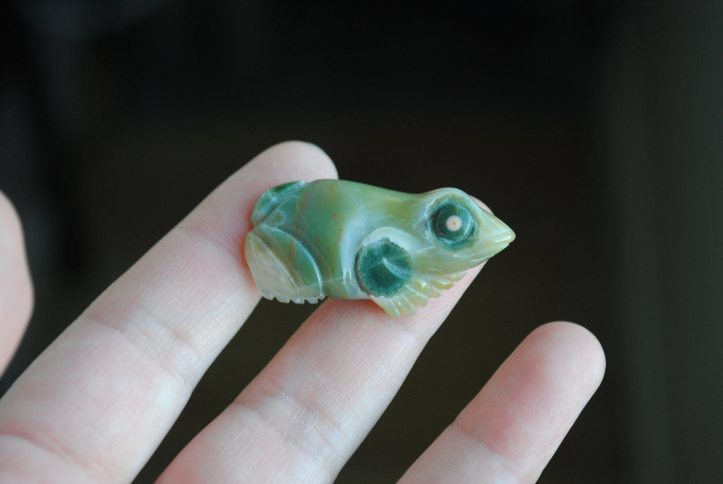 Carved stone frog held in a hand against a dark background