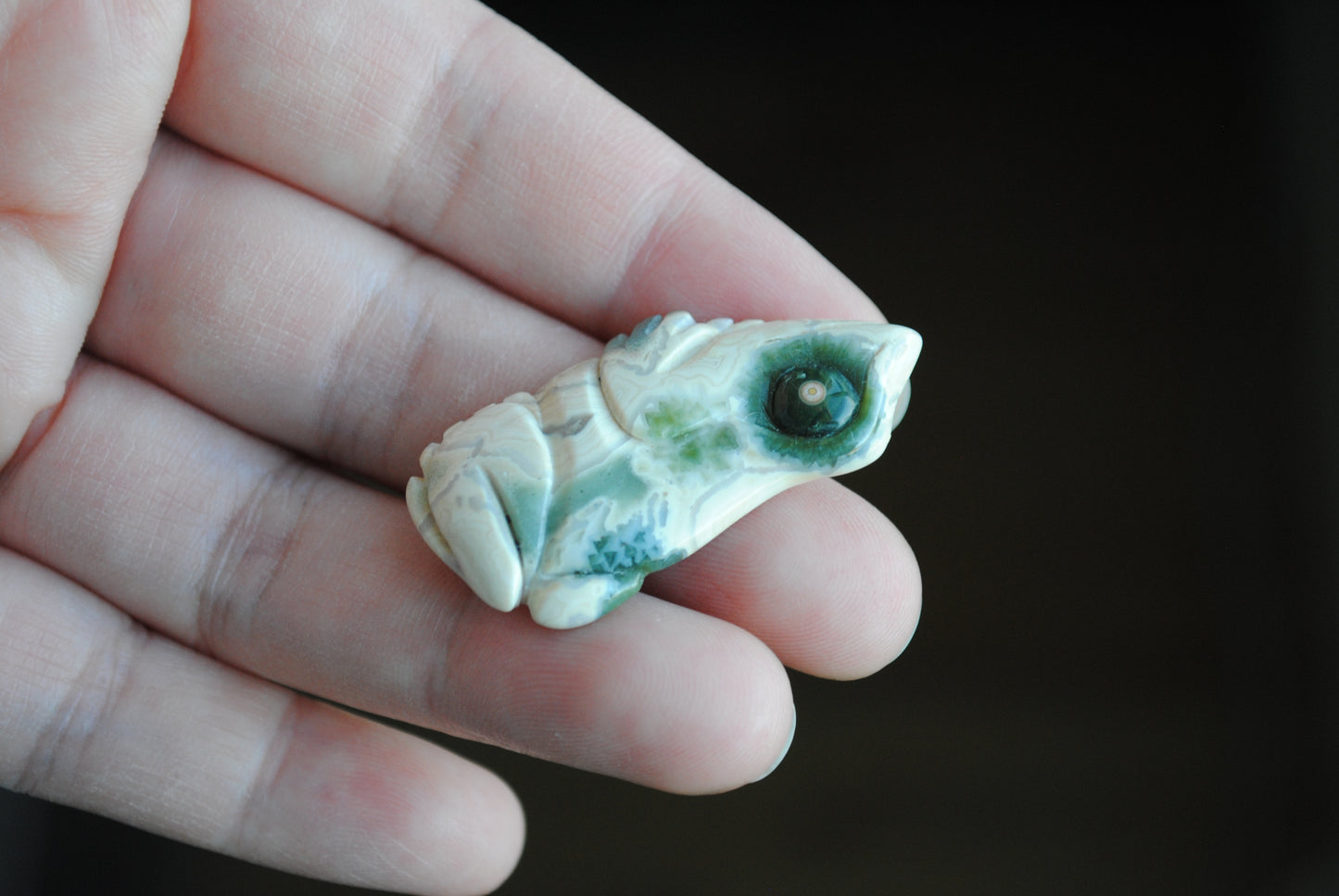 Carved stone frog held in a hand against a dark background