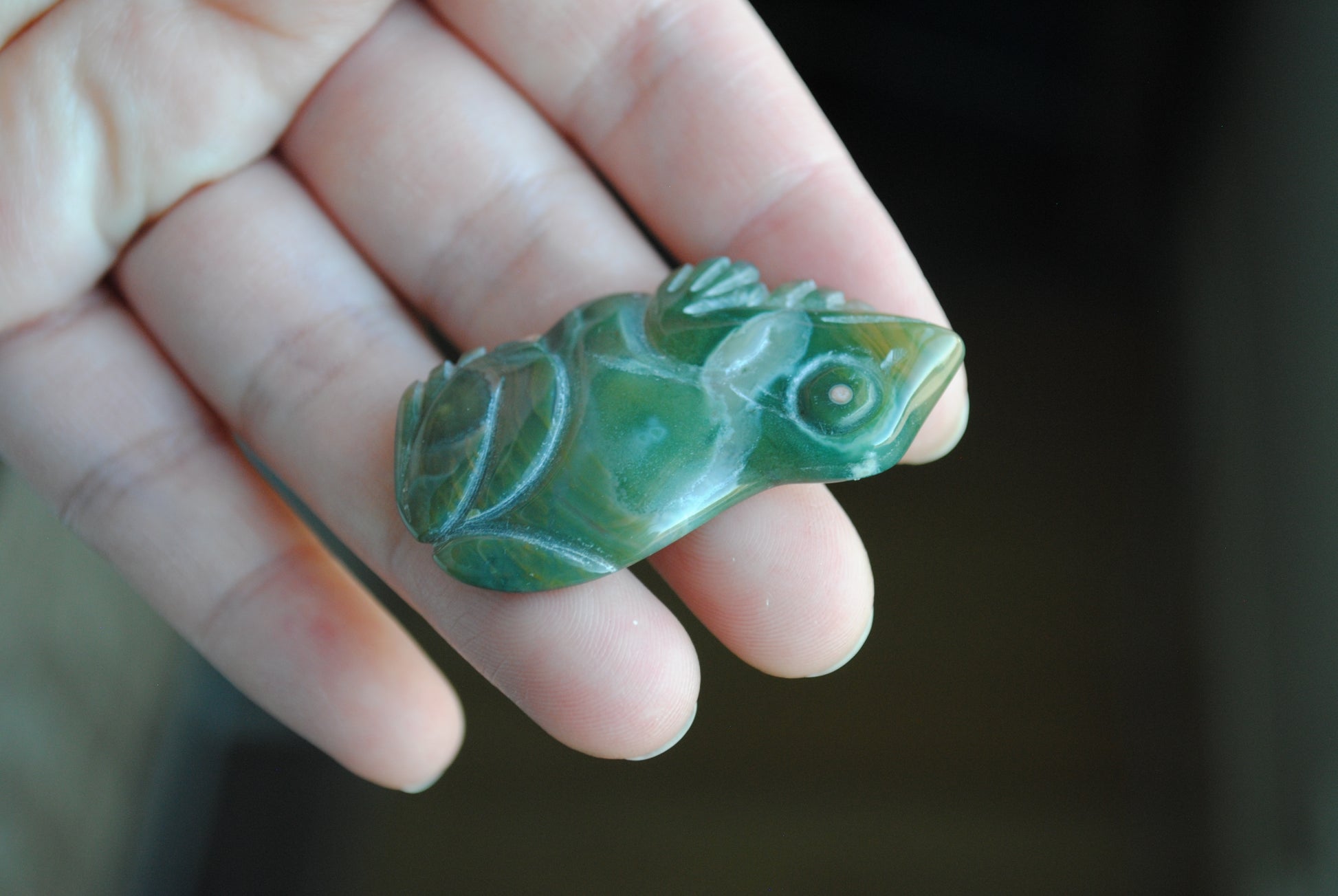 Hand holding a green stone carving of a frog against a blurred background