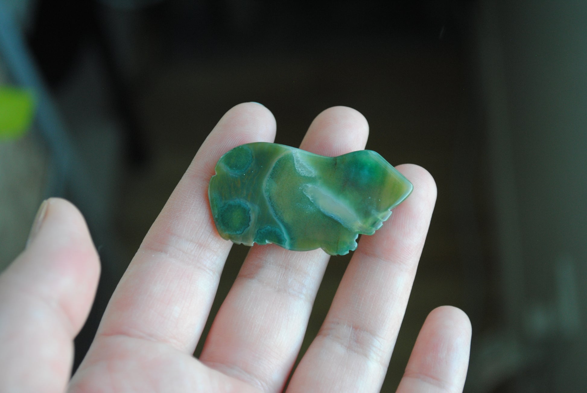 Hand holding a green stone carving of a frog against a blurred background