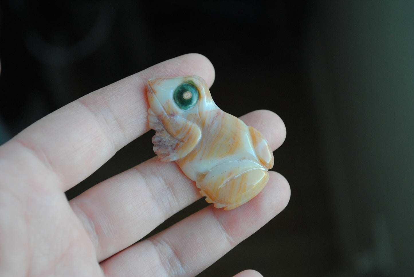 Hand holding a small carved frog stone 