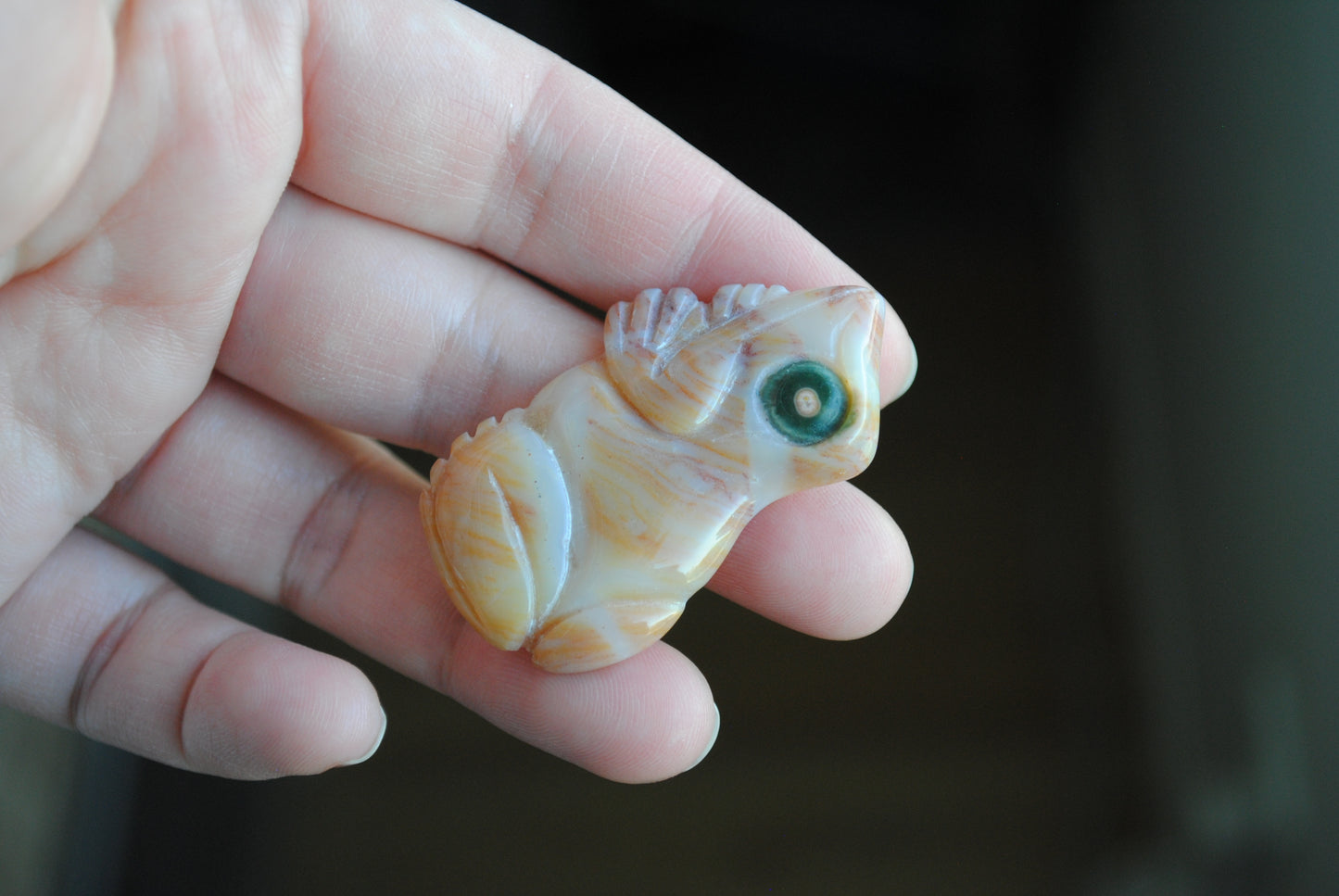 Hand holding a small carved frog stone 