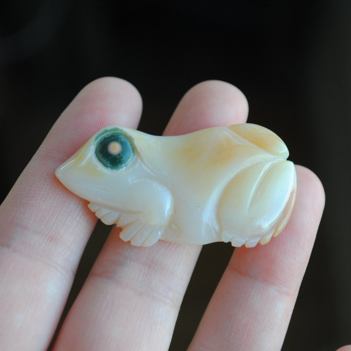 Carved stone frog held in a hand against a dark background