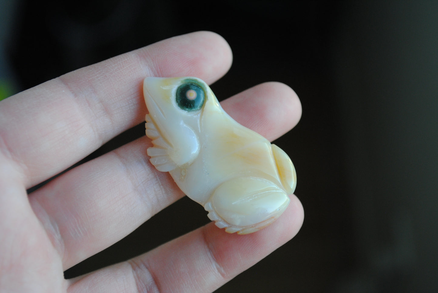 Carved stone frog held in a hand against a dark background