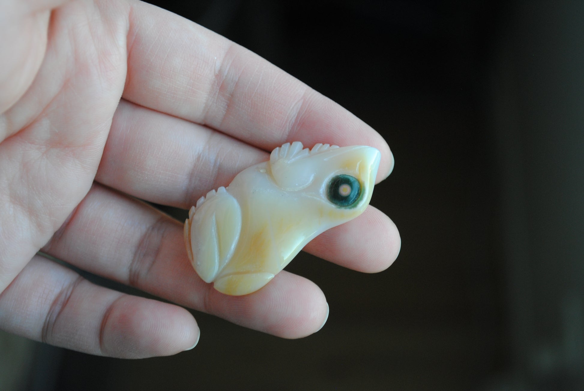 Carved stone frog held in a hand against a dark background