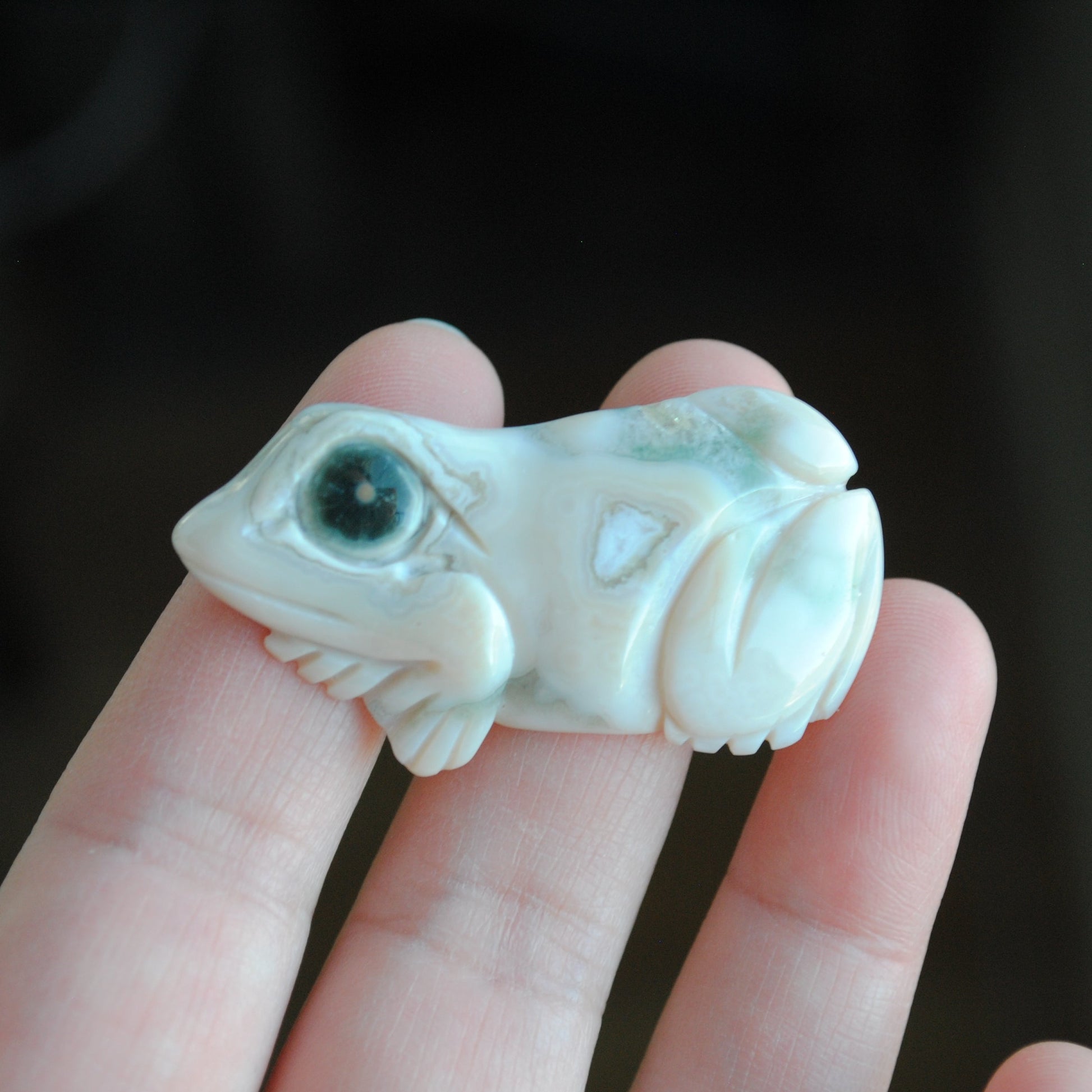 Carved stone frog held in a hand against a dark background
