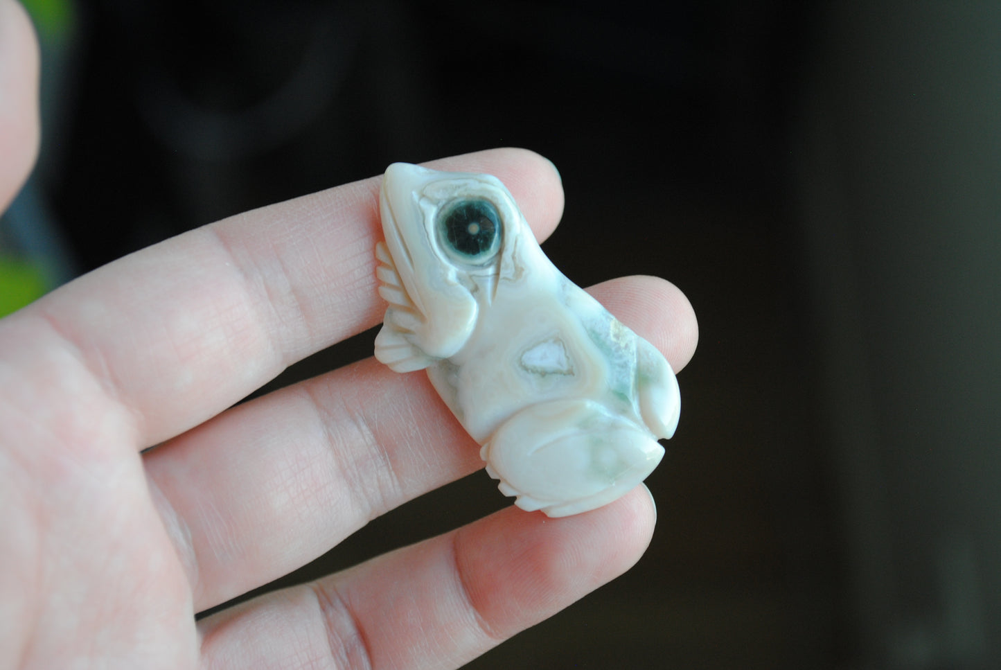 Carved stone frog held in a hand against a dark background