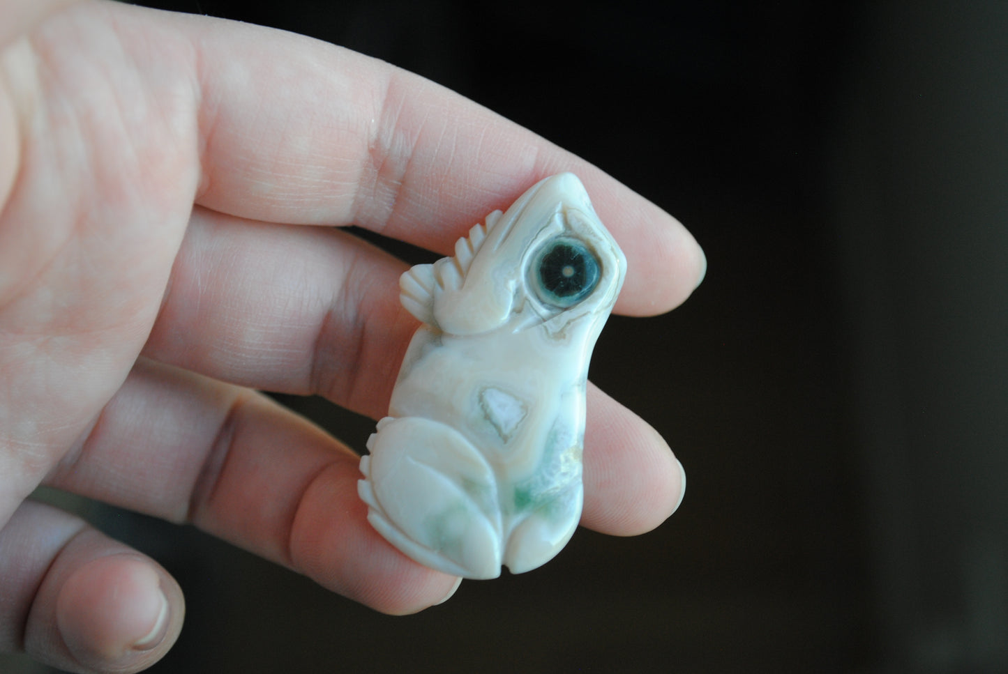 Carved stone frog held in a hand against a dark background