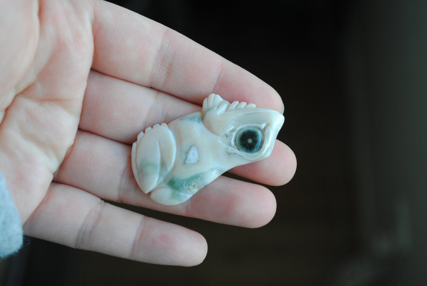 Carved stone frog held in a hand against a dark background