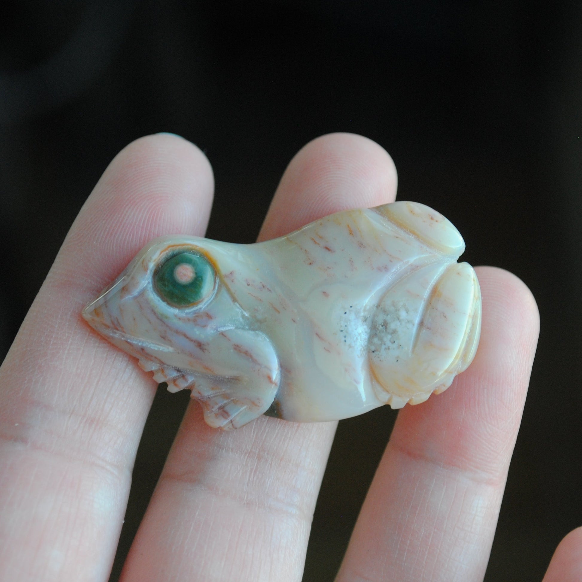 Carved stone frog held in a hand against a dark background
