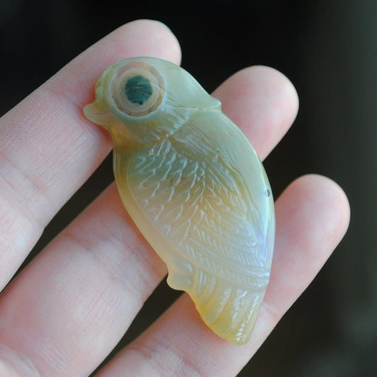 Ocean Jasper carved bird held in a hand against a blurred background