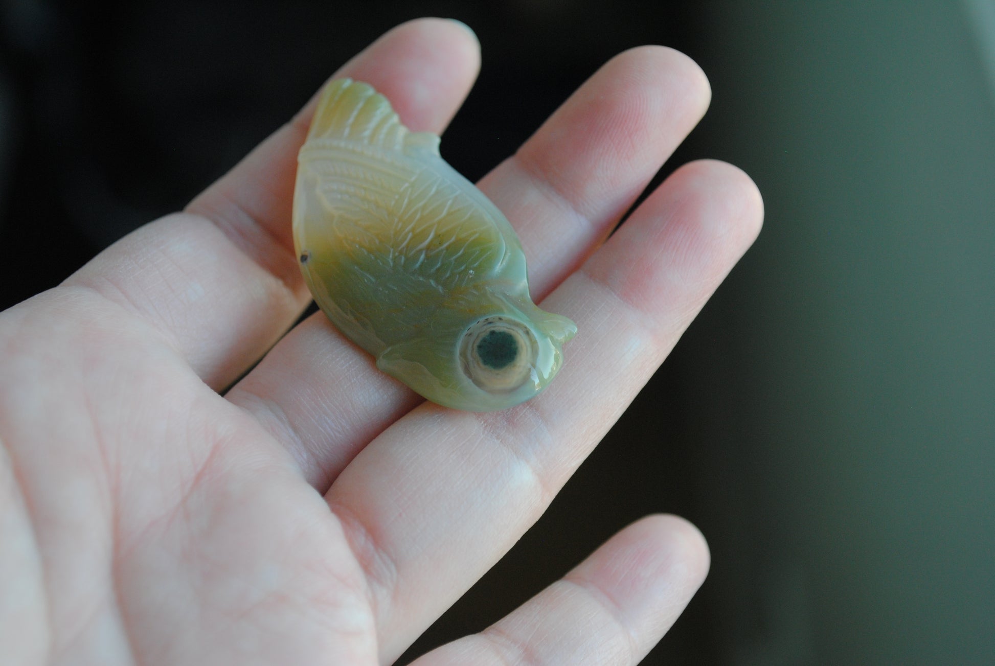 Ocean Jasper carved bird held in a hand against a blurred background