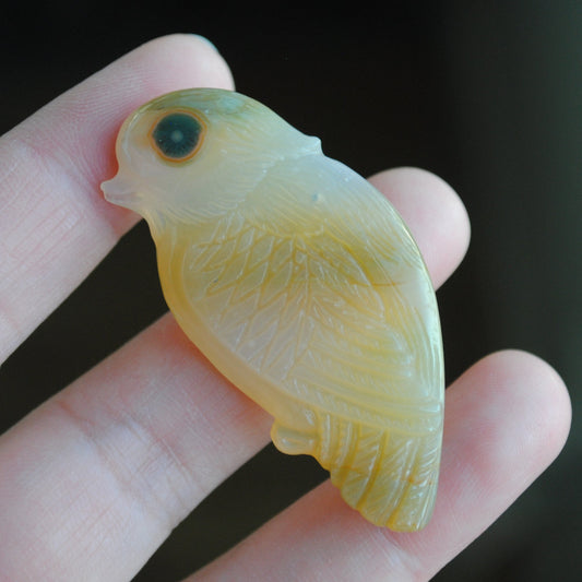 Ocean Jasper carved bird held in a hand against a blurred background