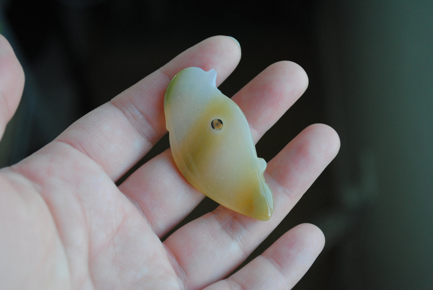 Ocean Jasper carved bird held in a hand against a blurred background