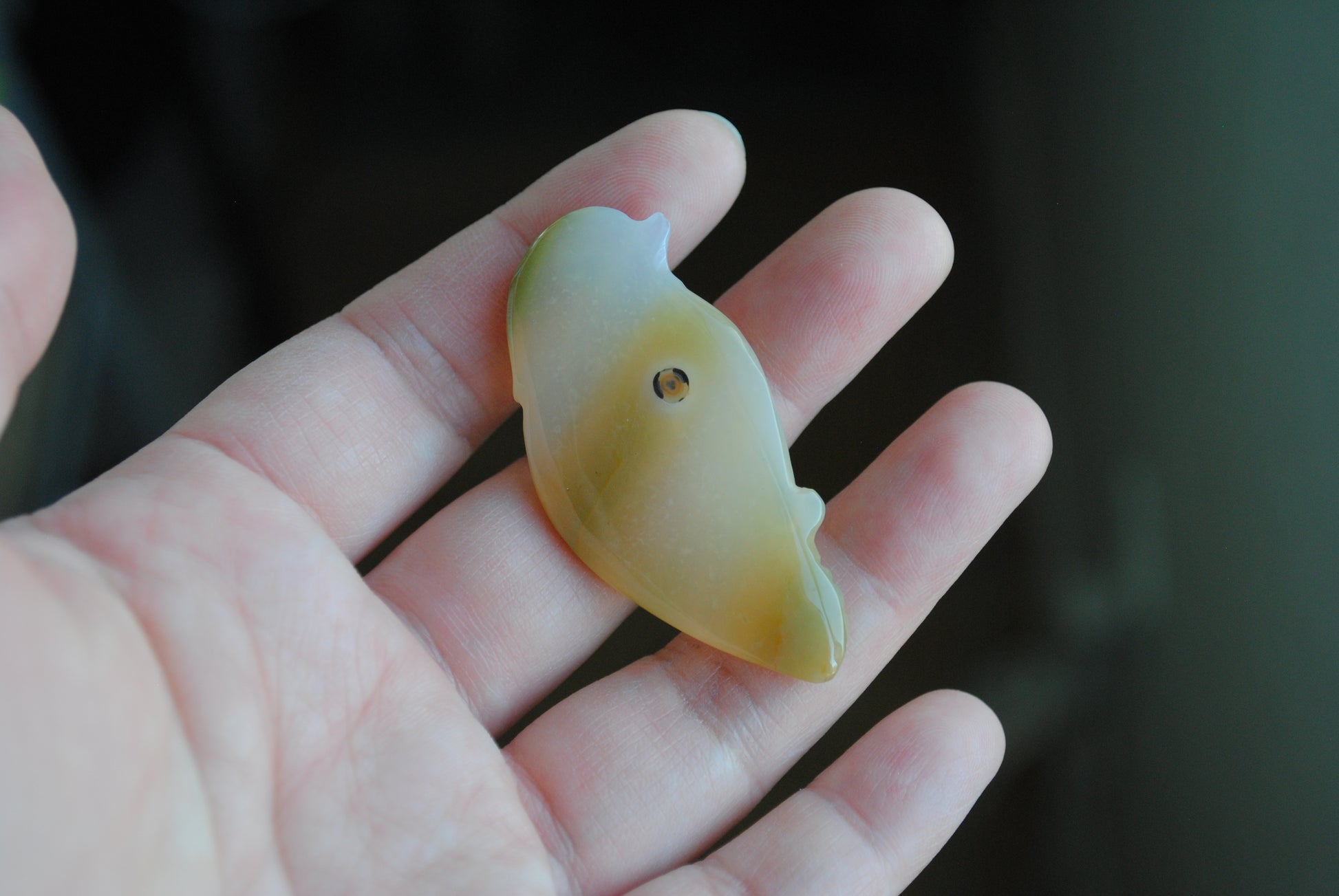 Ocean Jasper carved bird held in a hand against a blurred background