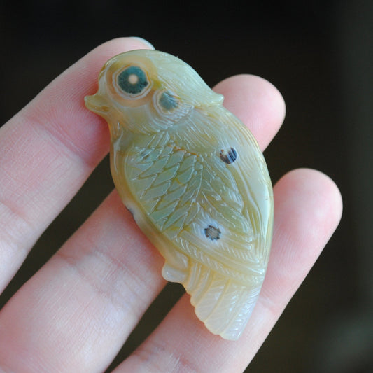 Ocean Jasper carved bird held in a hand against a blurred background