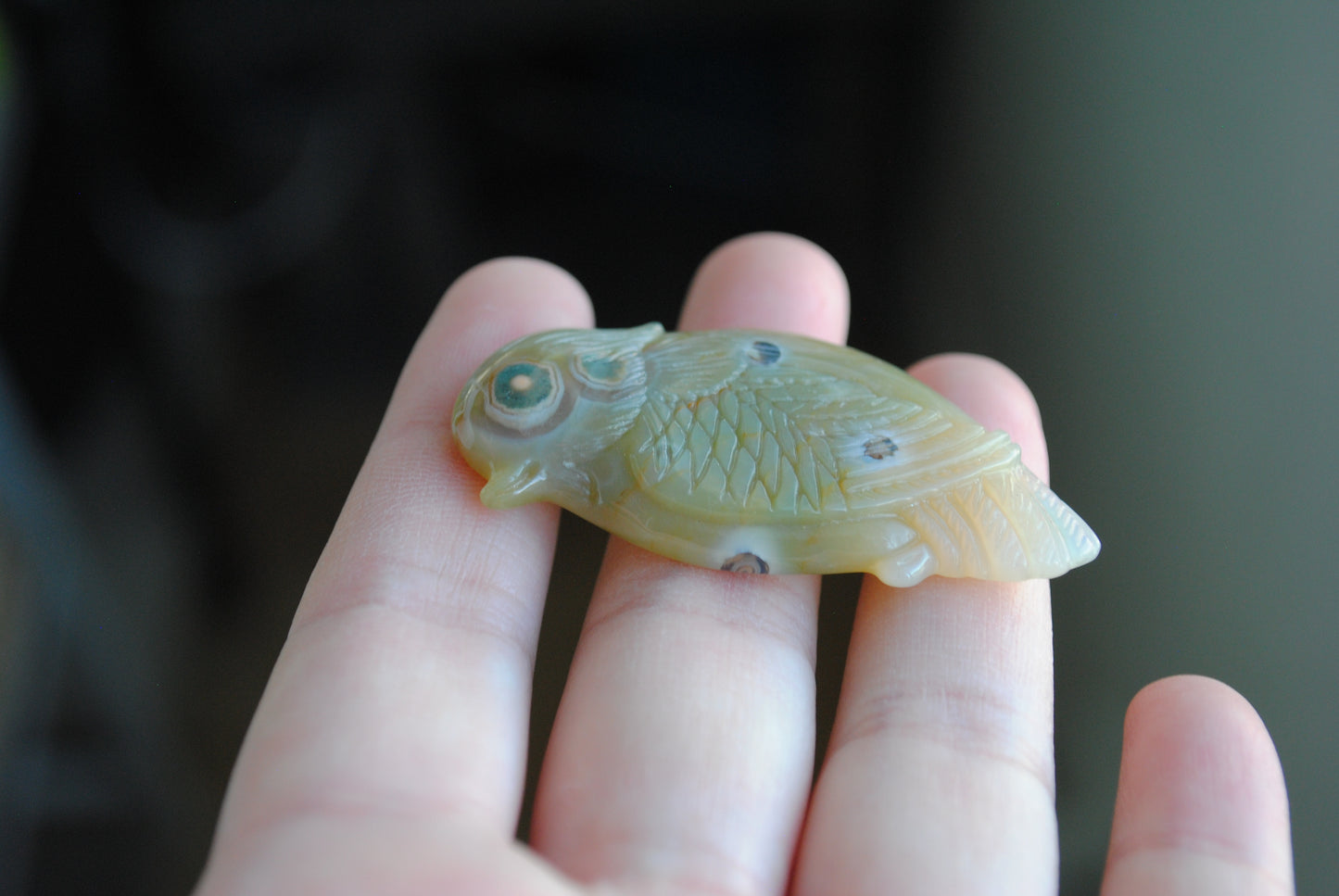 Ocean Jasper carved bird held in a hand against a blurred background