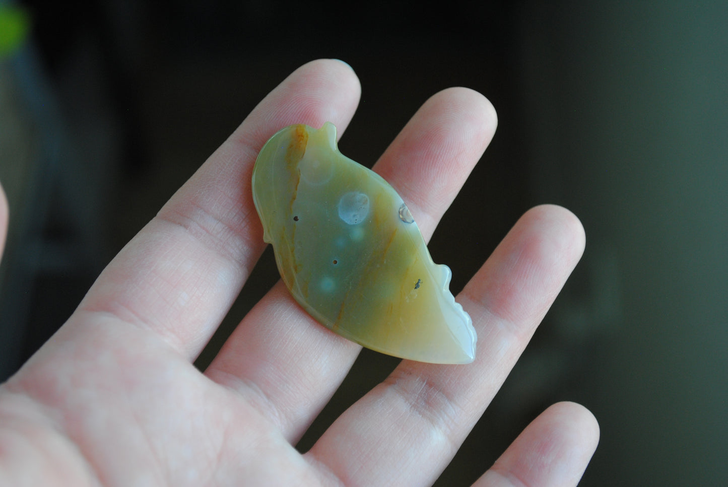 Ocean Jasper carved bird held in a hand against a blurred background