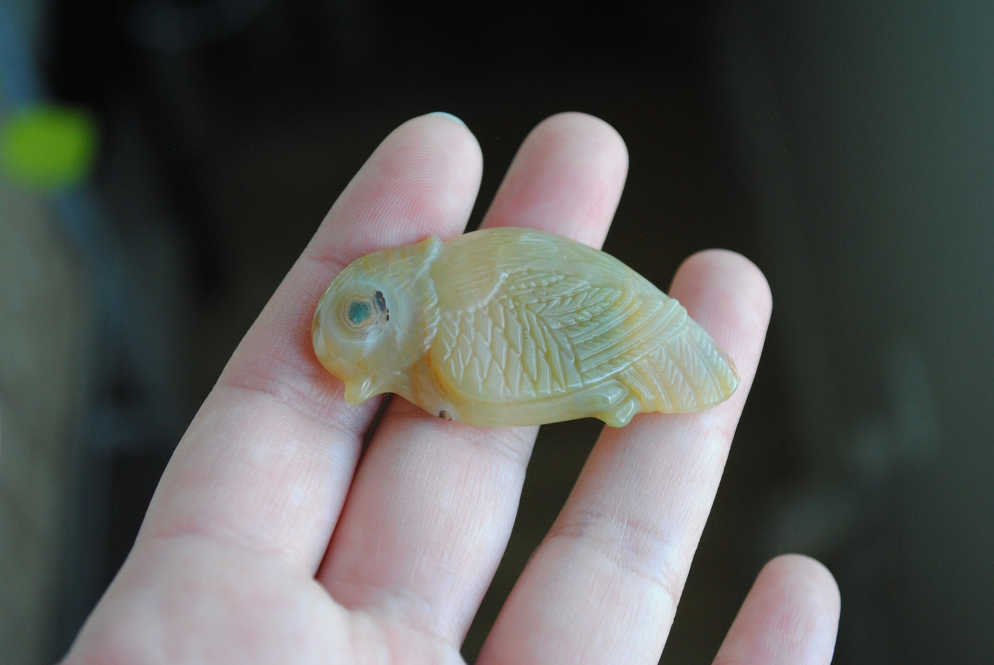 Ocean Jasper carved bird held in a hand against a blurred background