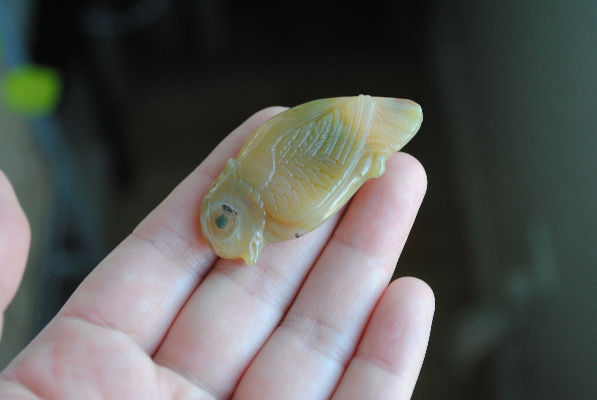 Ocean Jasper carved bird held in a hand against a blurred background