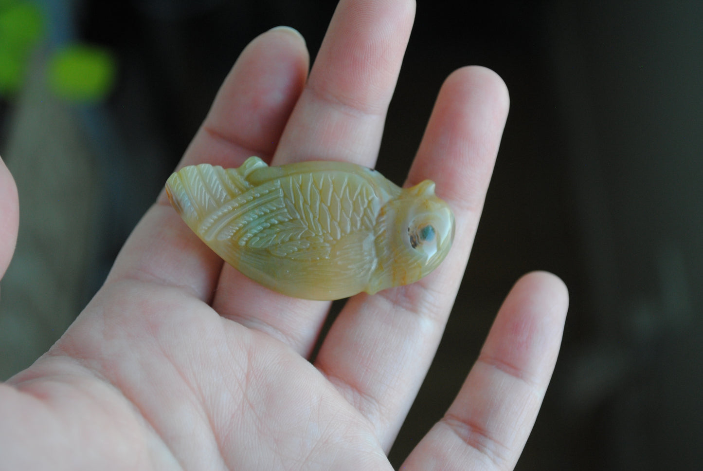 Ocean Jasper carved bird held in a hand against a blurred background