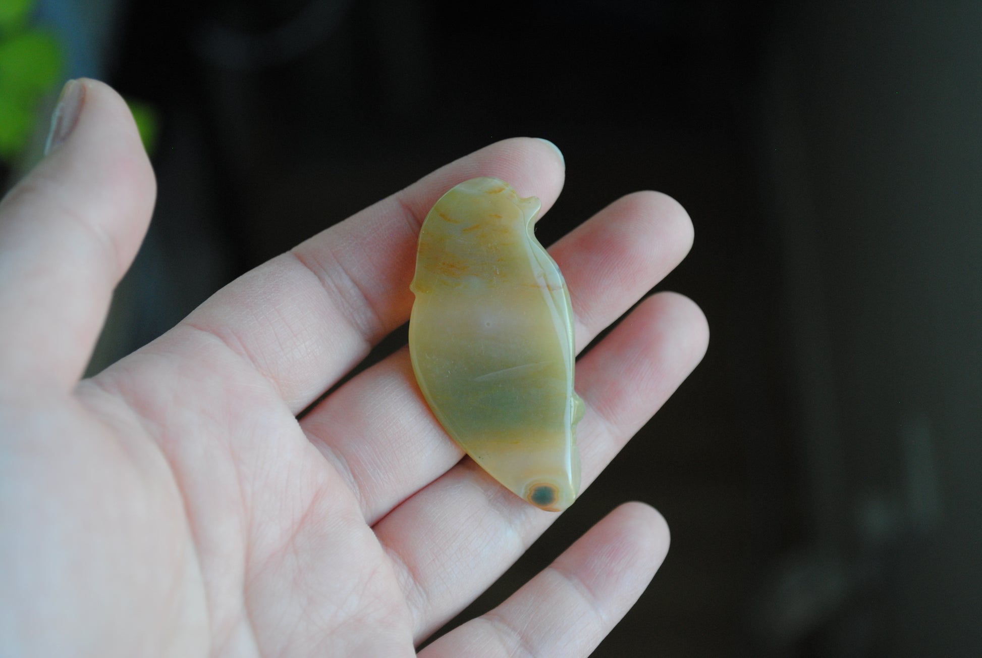 Ocean Jasper carved bird held in a hand against a blurred background