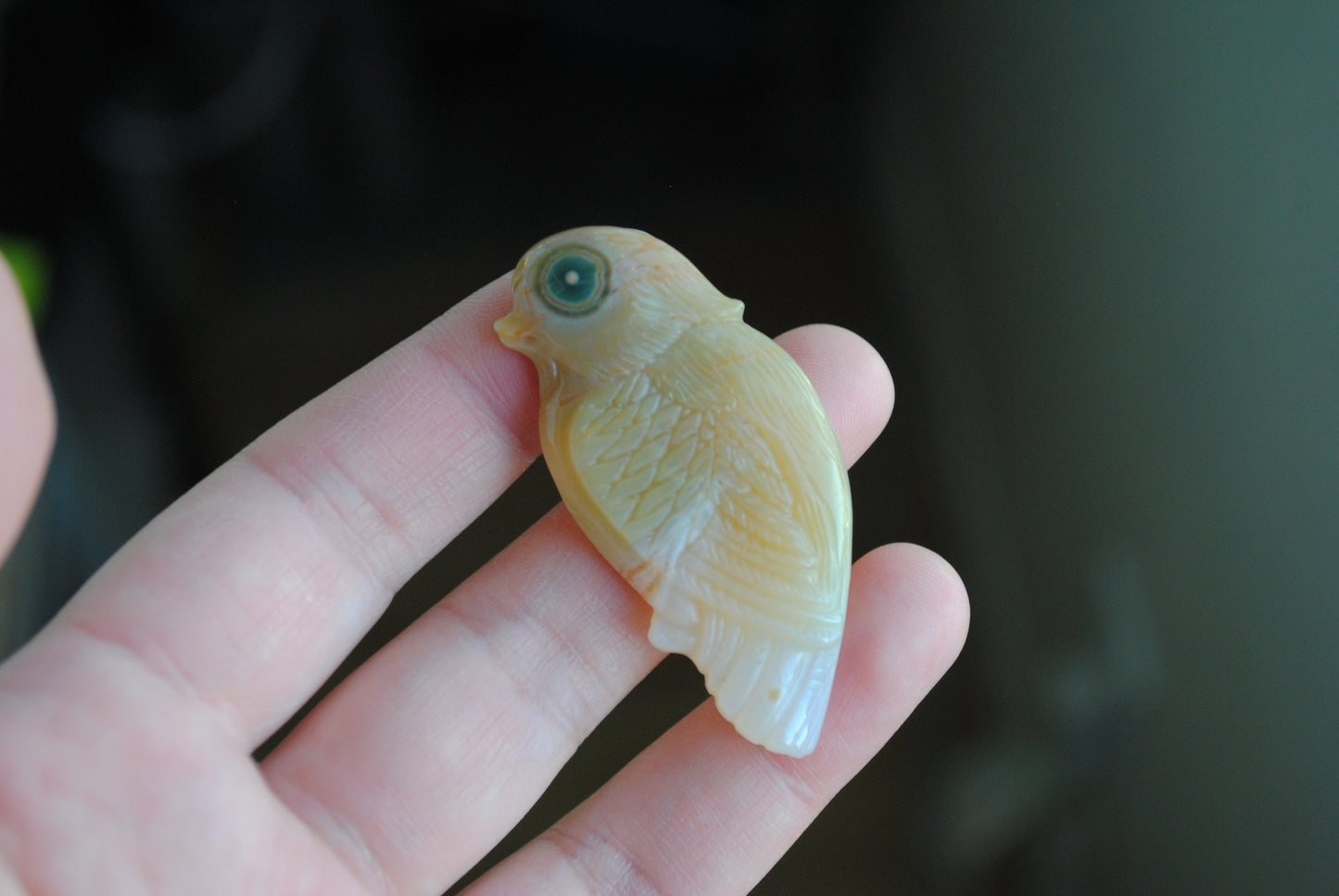 Ocean Jasper carved bird held in a hand against a blurred background