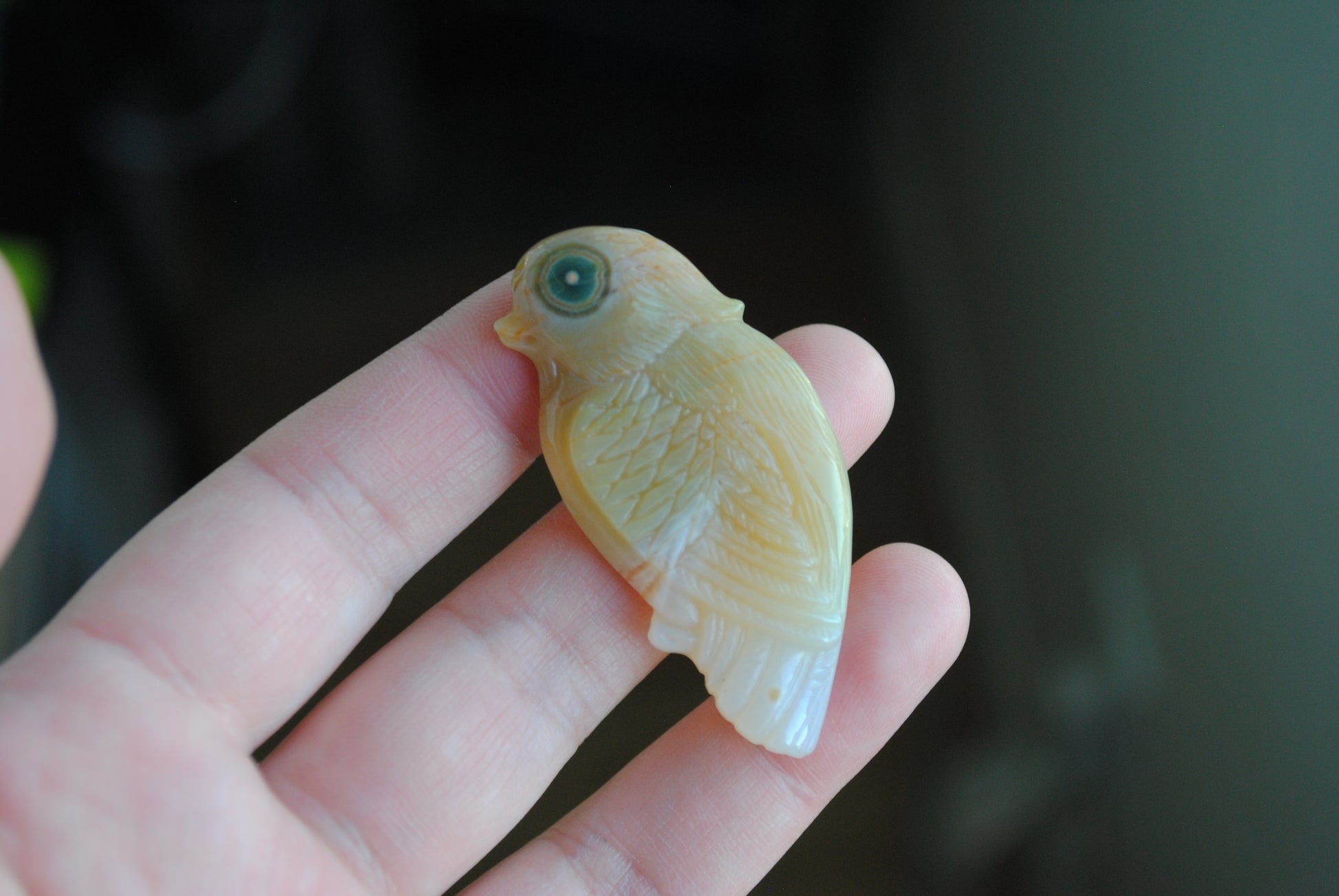 Ocean Jasper carved bird held in a hand against a blurred background
