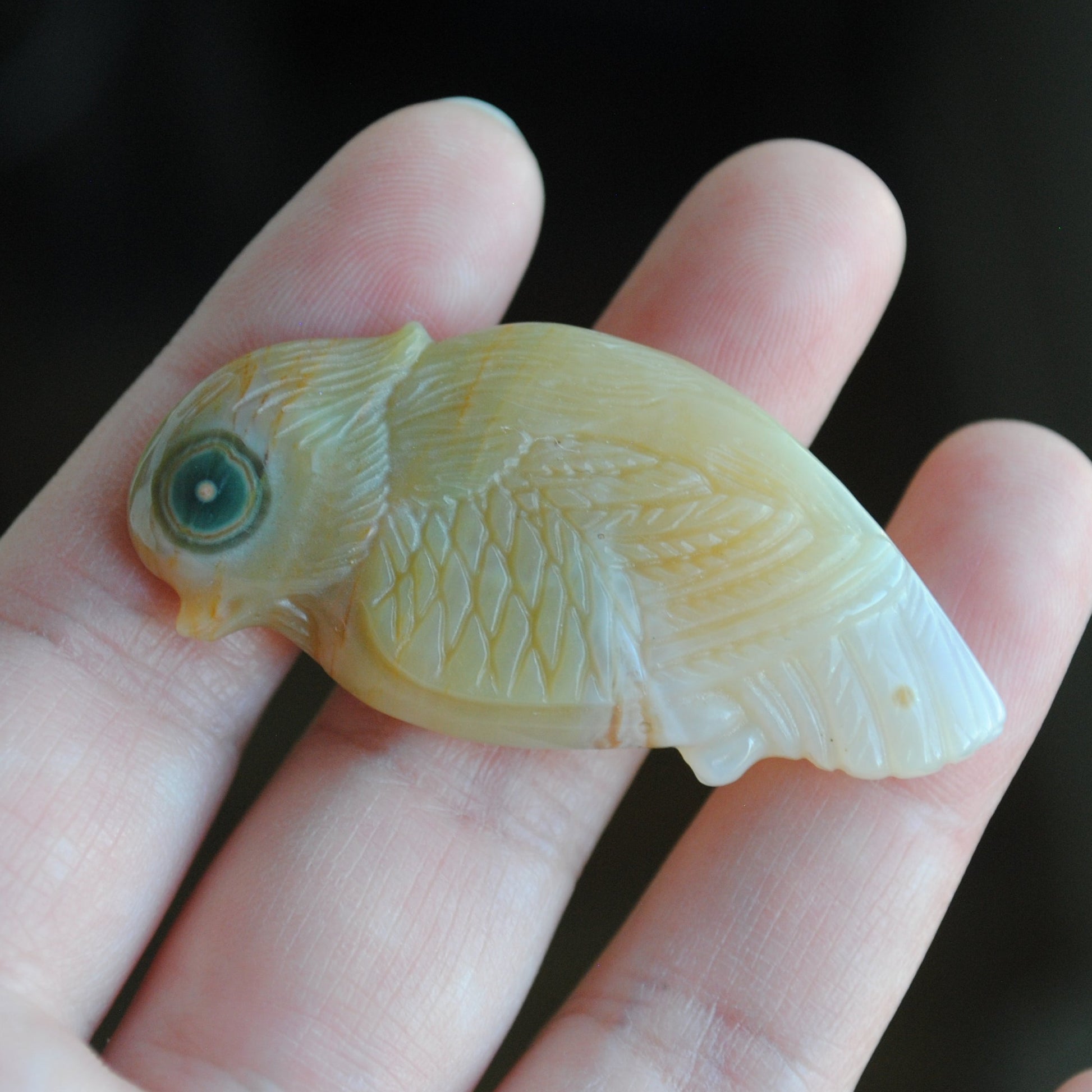 Ocean Jasper carved bird held in a hand against a blurred background