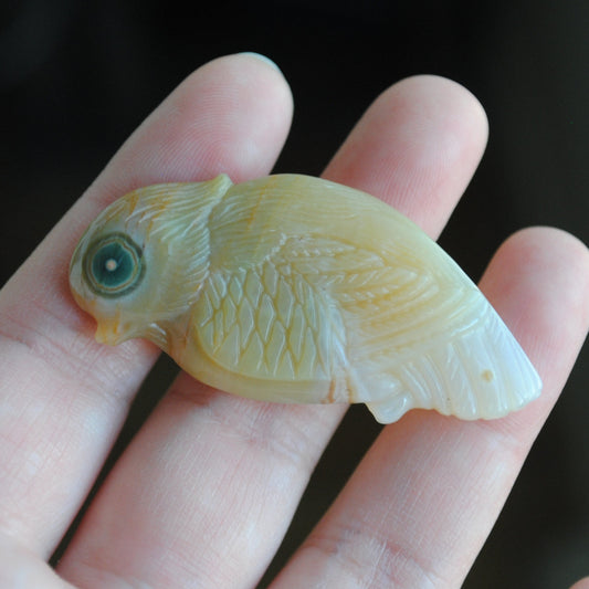 Ocean Jasper carved bird held in a hand against a blurred background