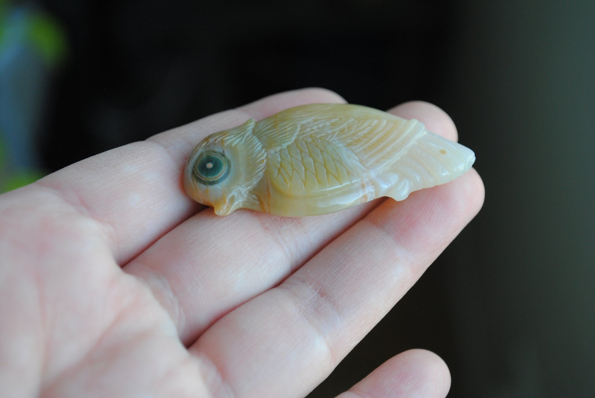 Ocean Jasper carved bird held in a hand against a blurred background