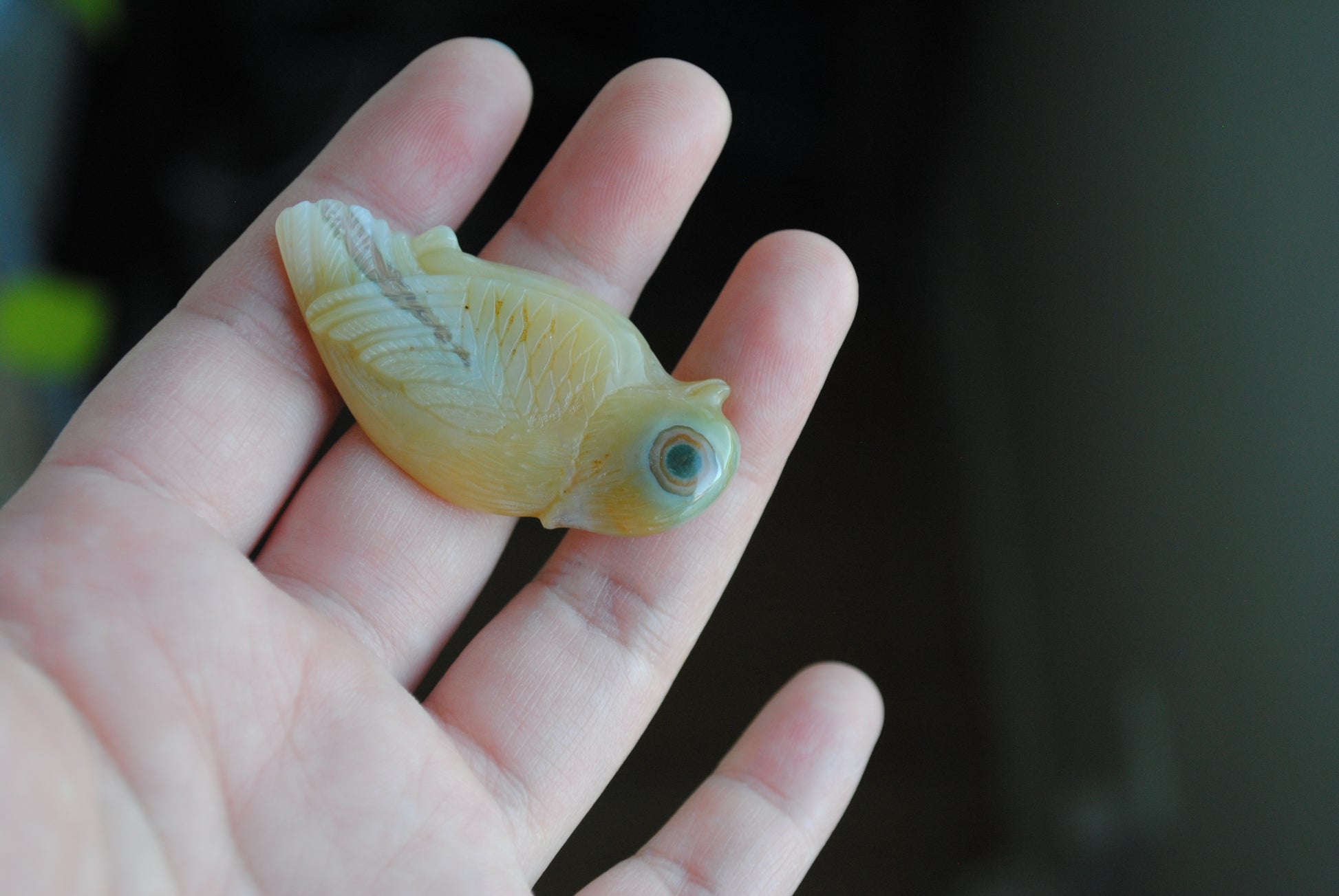 Ocean Jasper carved bird held in a hand against a blurred background