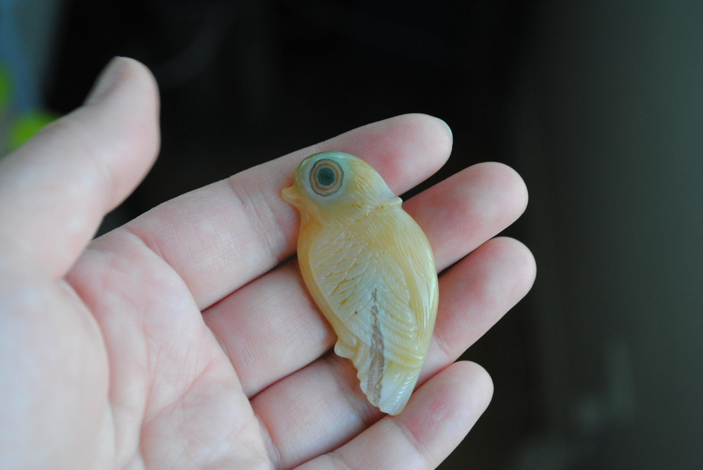 Ocean Jasper carved bird held in a hand against a blurred background