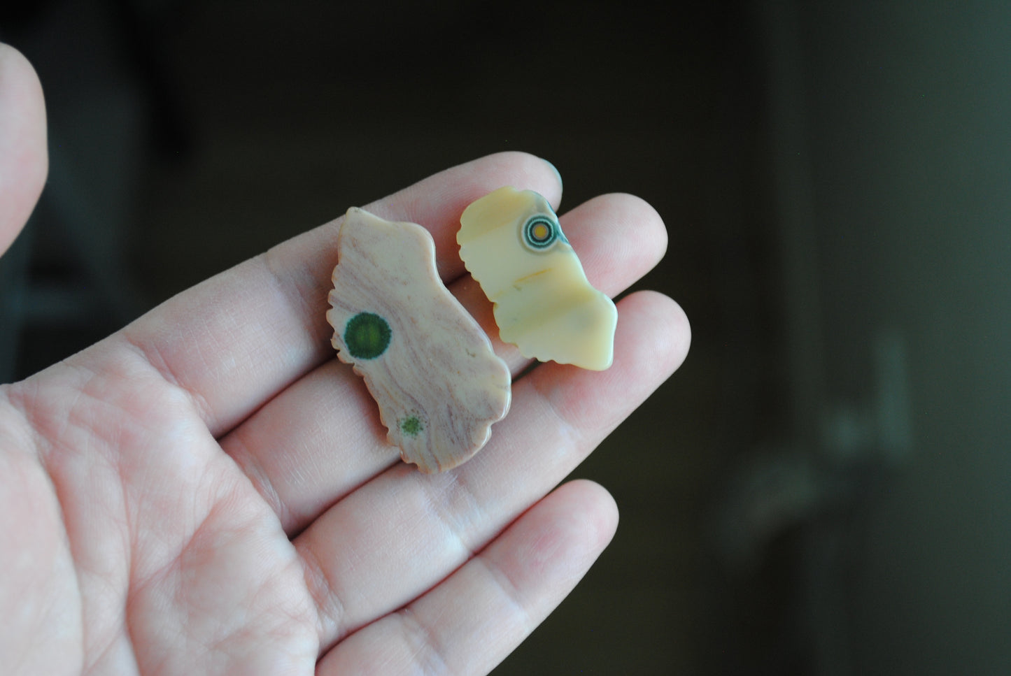 Two small stone frog carvings held in a hand against a blurred background
