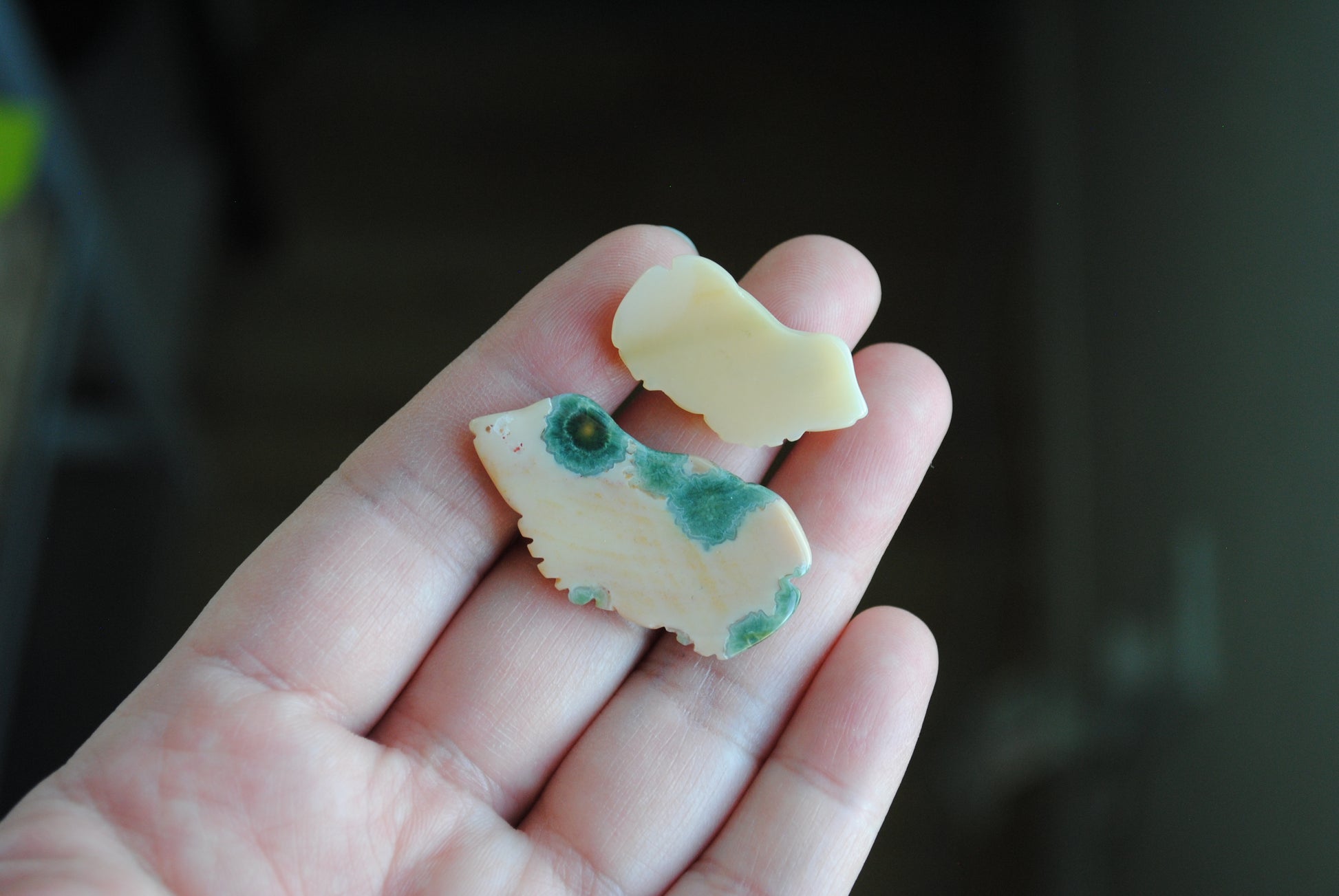 Two small stone frog carvings held in a hand against a blurred background
