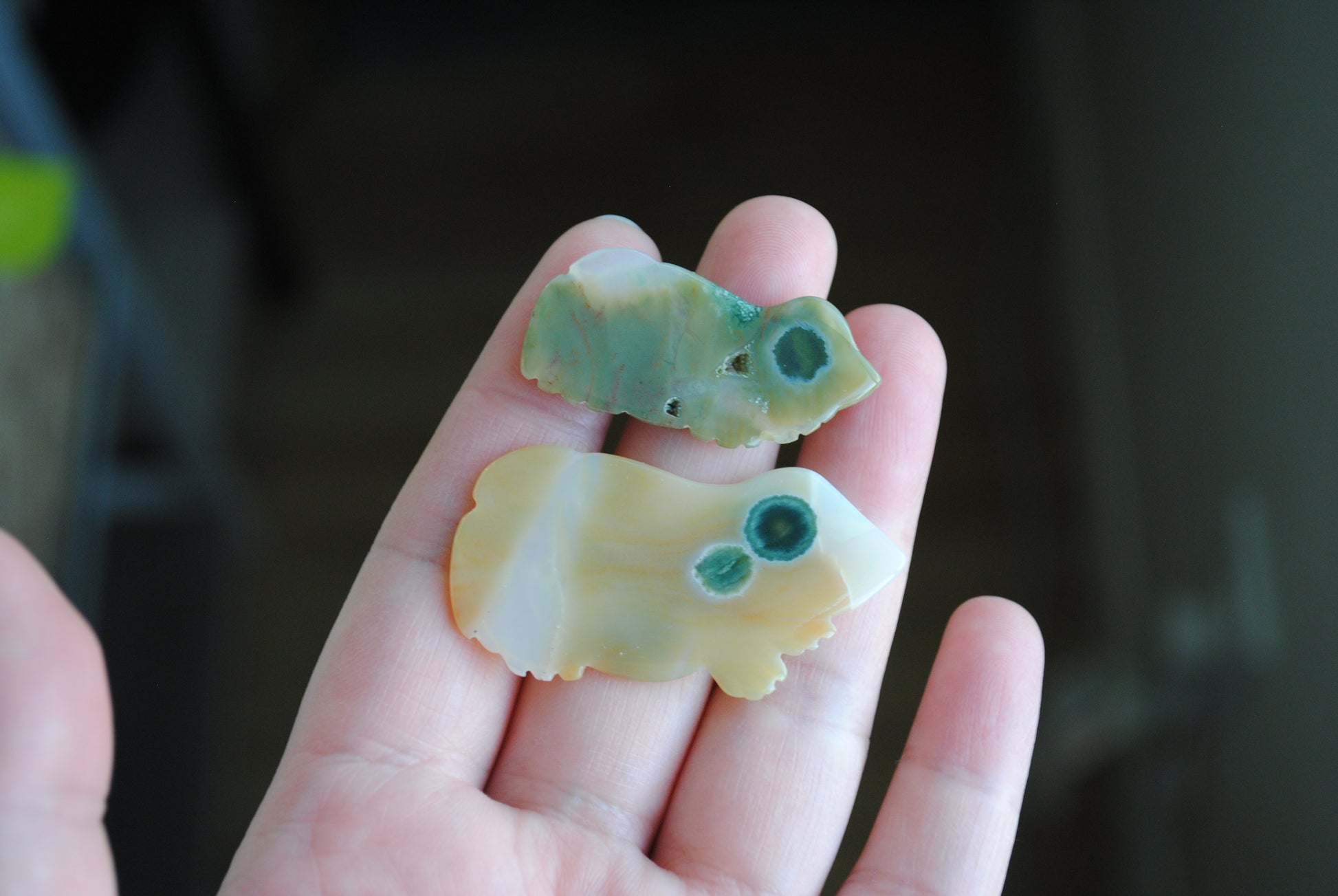 Two small stone frog carvings held in a hand against a blurred background