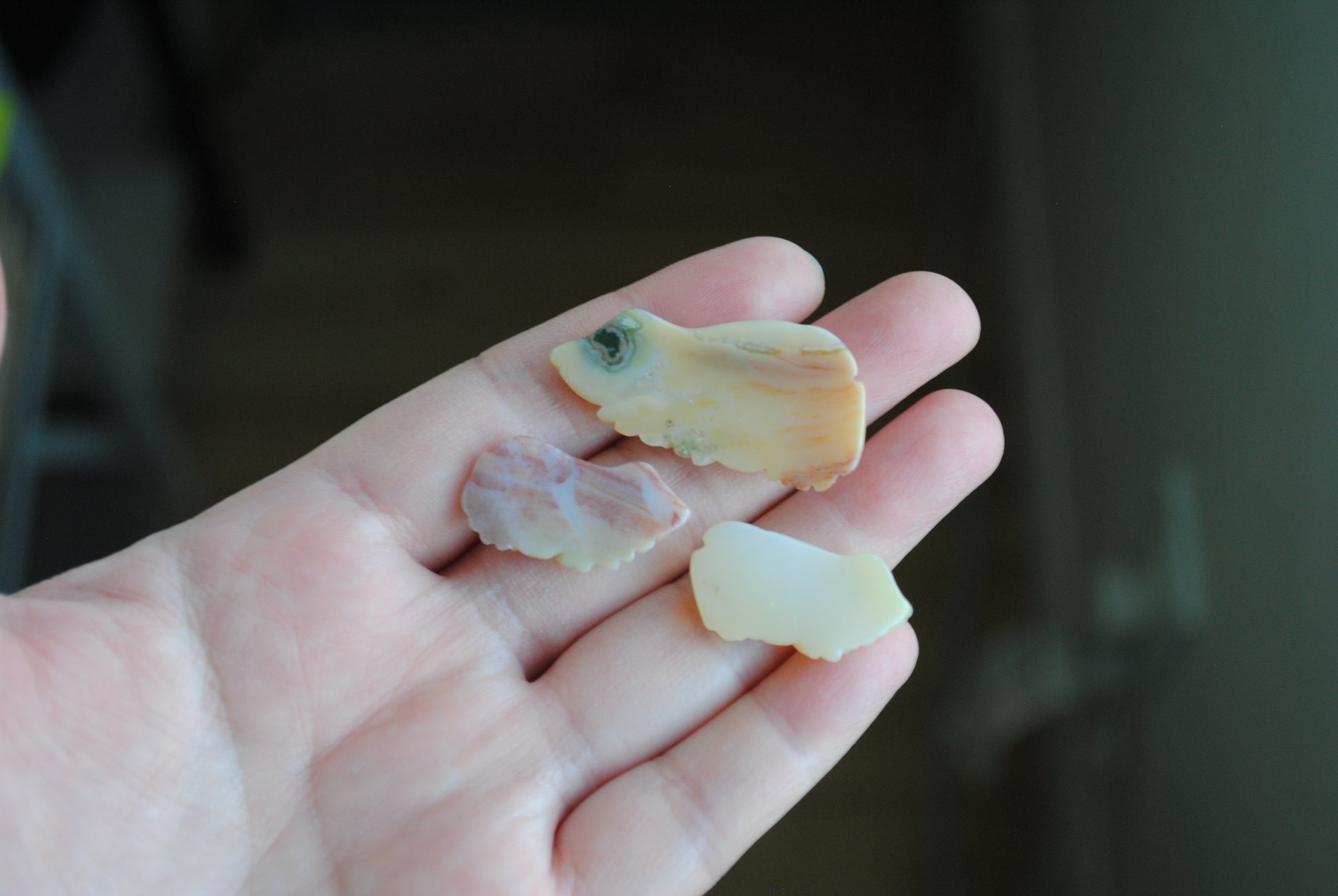 Three small stone frog carvings held in a hand against a blurred background