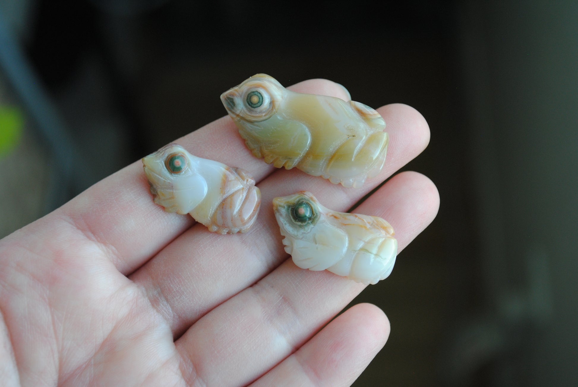 Three small stone frog carvings held in a hand against a blurred background
