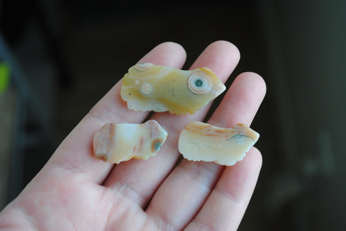 Three small stone frog carvings held in a hand against a blurred background