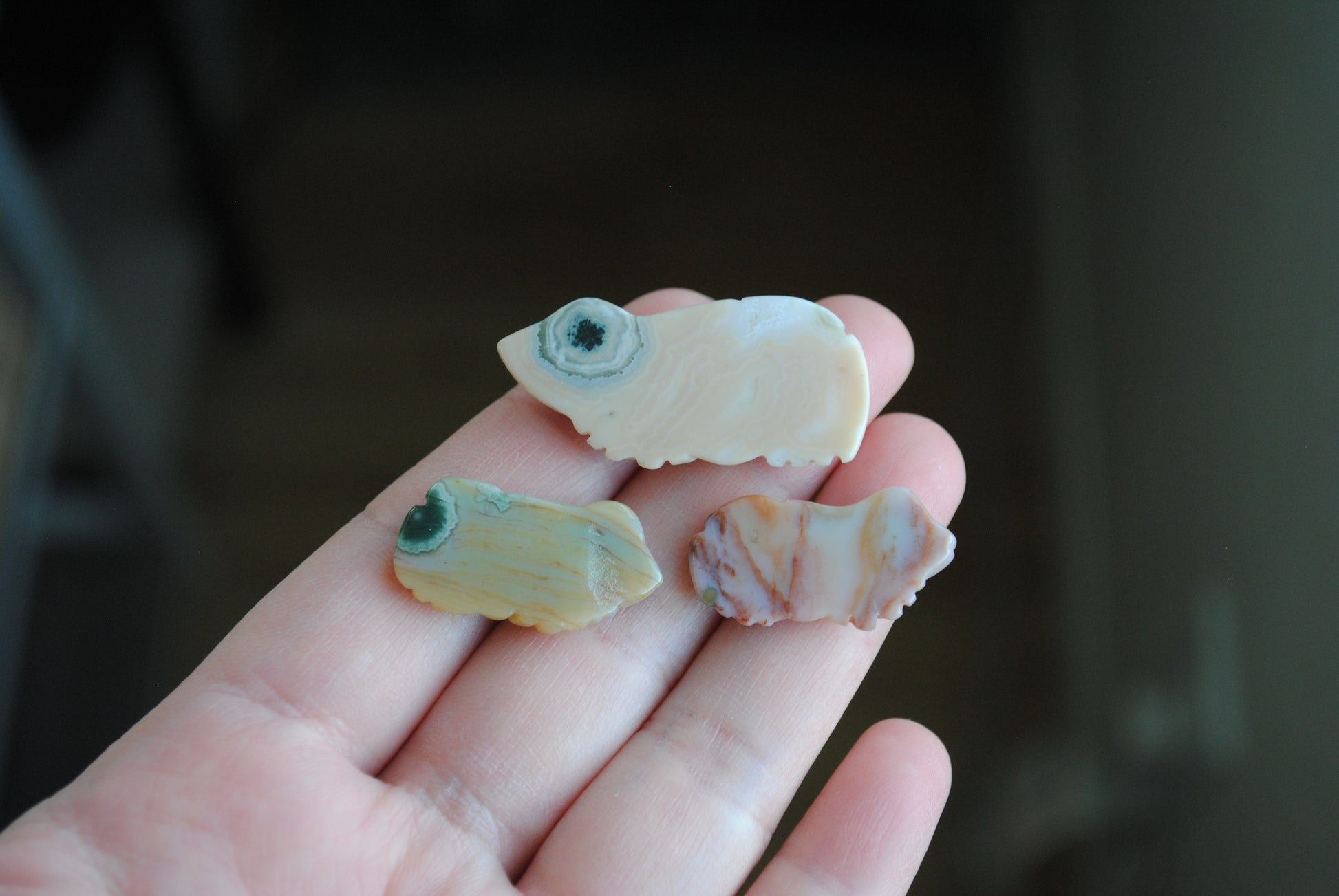 Three small stone frog carvings held in a hand against a blurred background