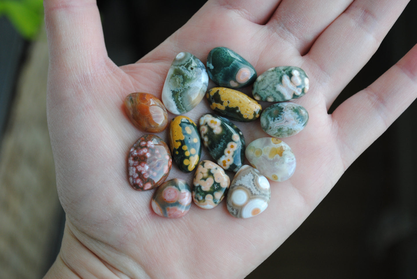 Hand holding a collection of multicolored stones with a blurred background