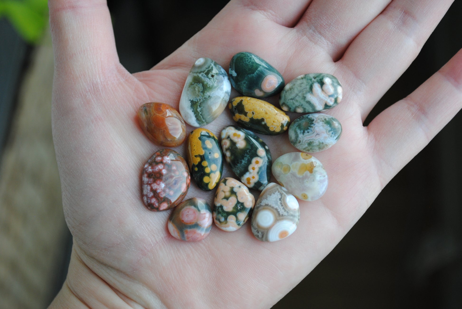 Hand holding a collection of multicolored stones with a blurred background