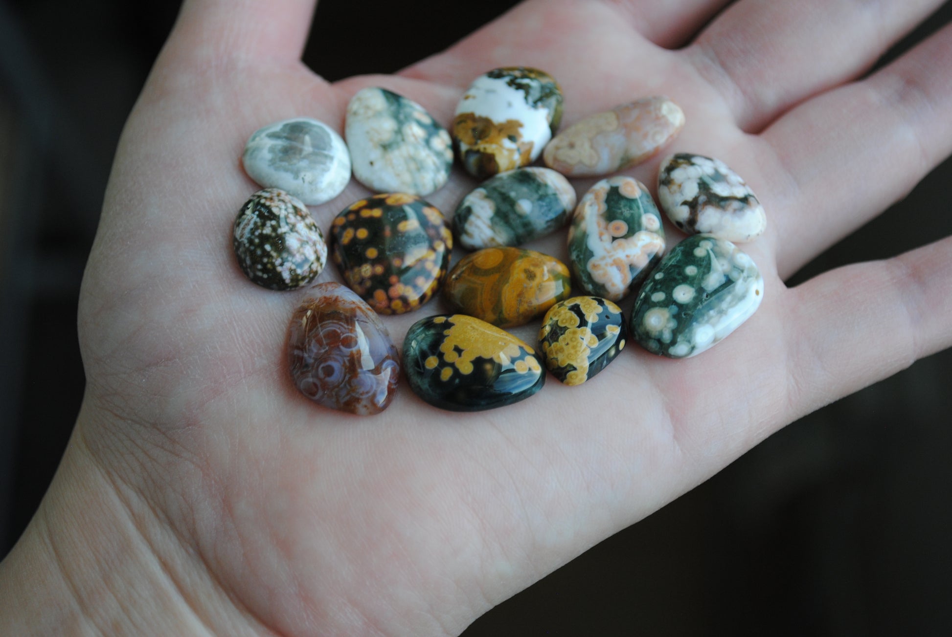 Hand holding a collection of multicolored stones with a blurred background